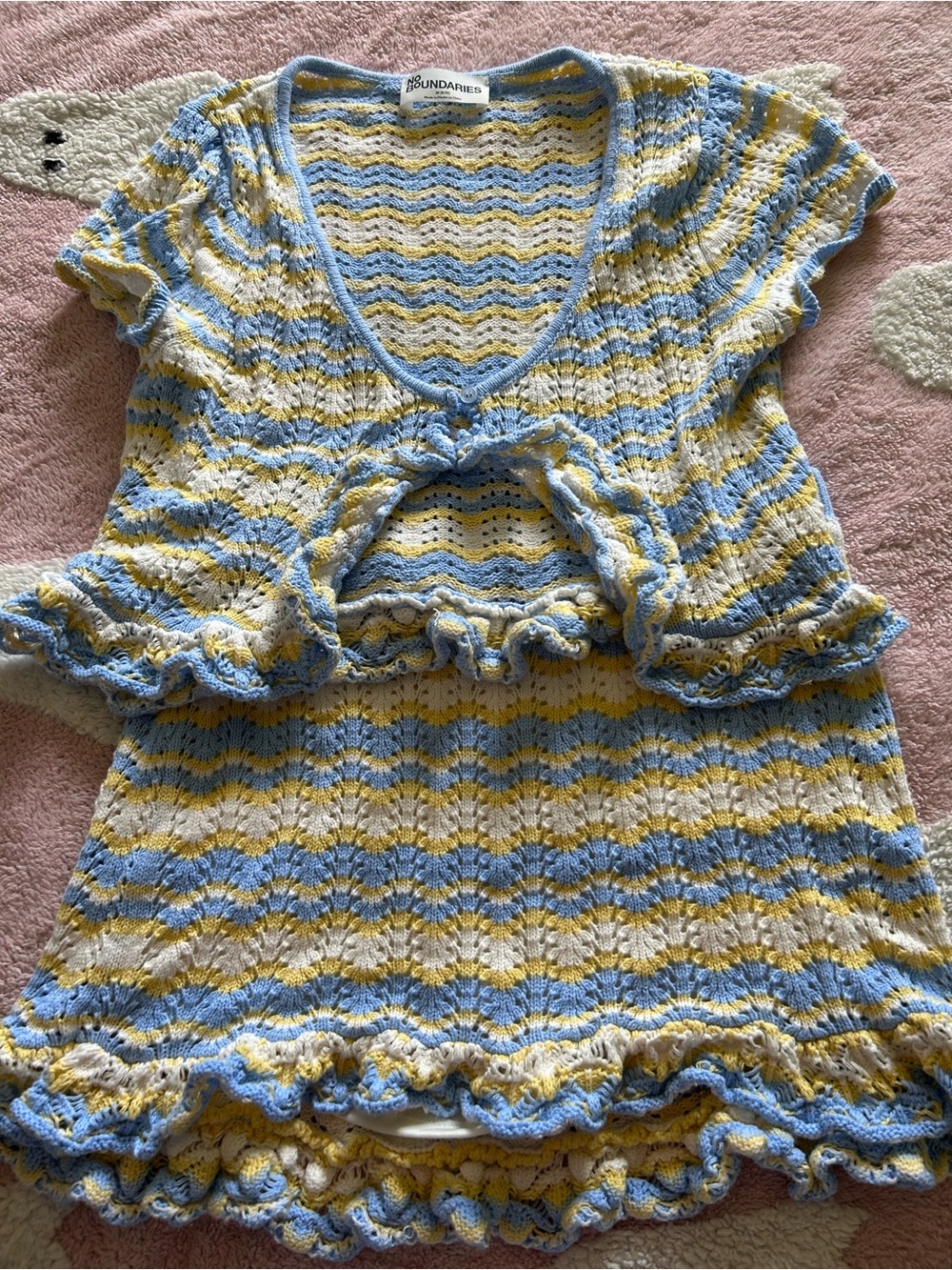 No Boundaries Blue, Yellow & White Knit Ruffle Top and Skirt Set